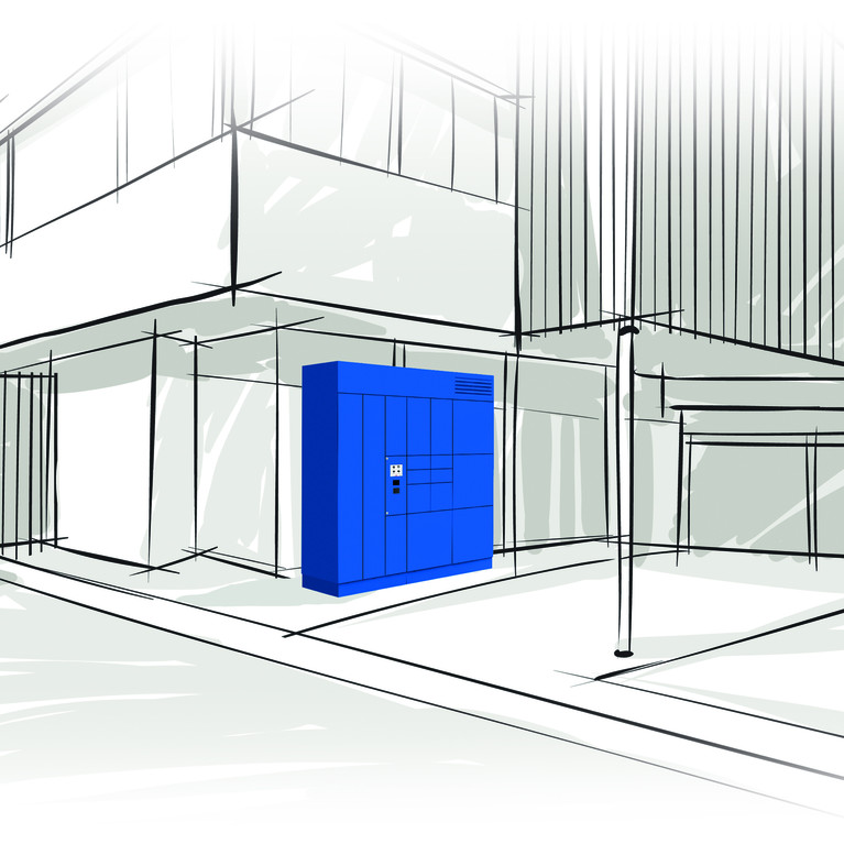 Rendering einer blauen Click & Collect Abholstation vor einem Gebäude